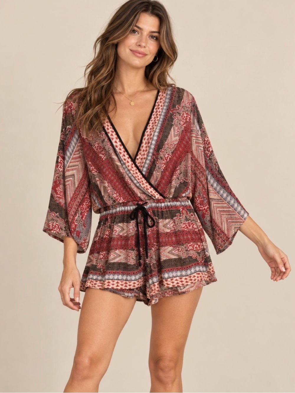 Y2K Romper Jumper V neck wrap kimono sleeves Sz M Angie